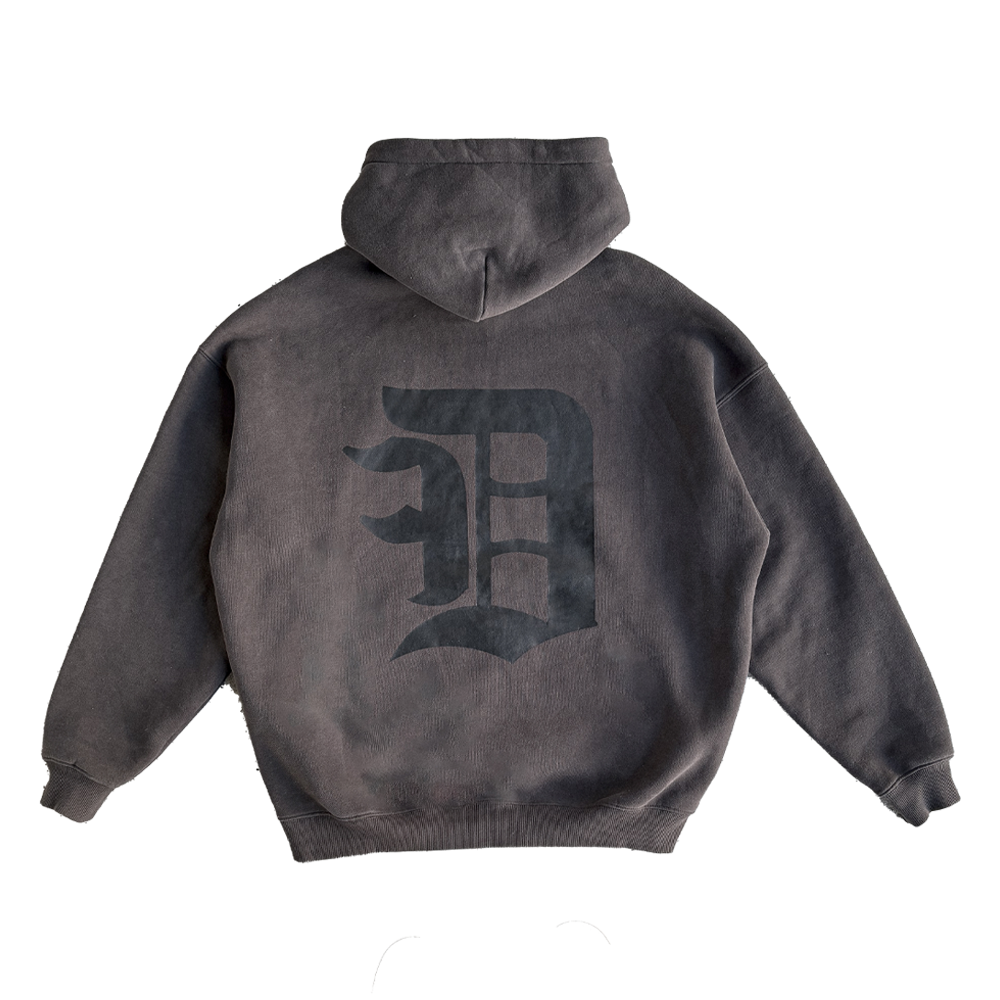 Gray hoodie with a large 'D' logo on the back against a white background