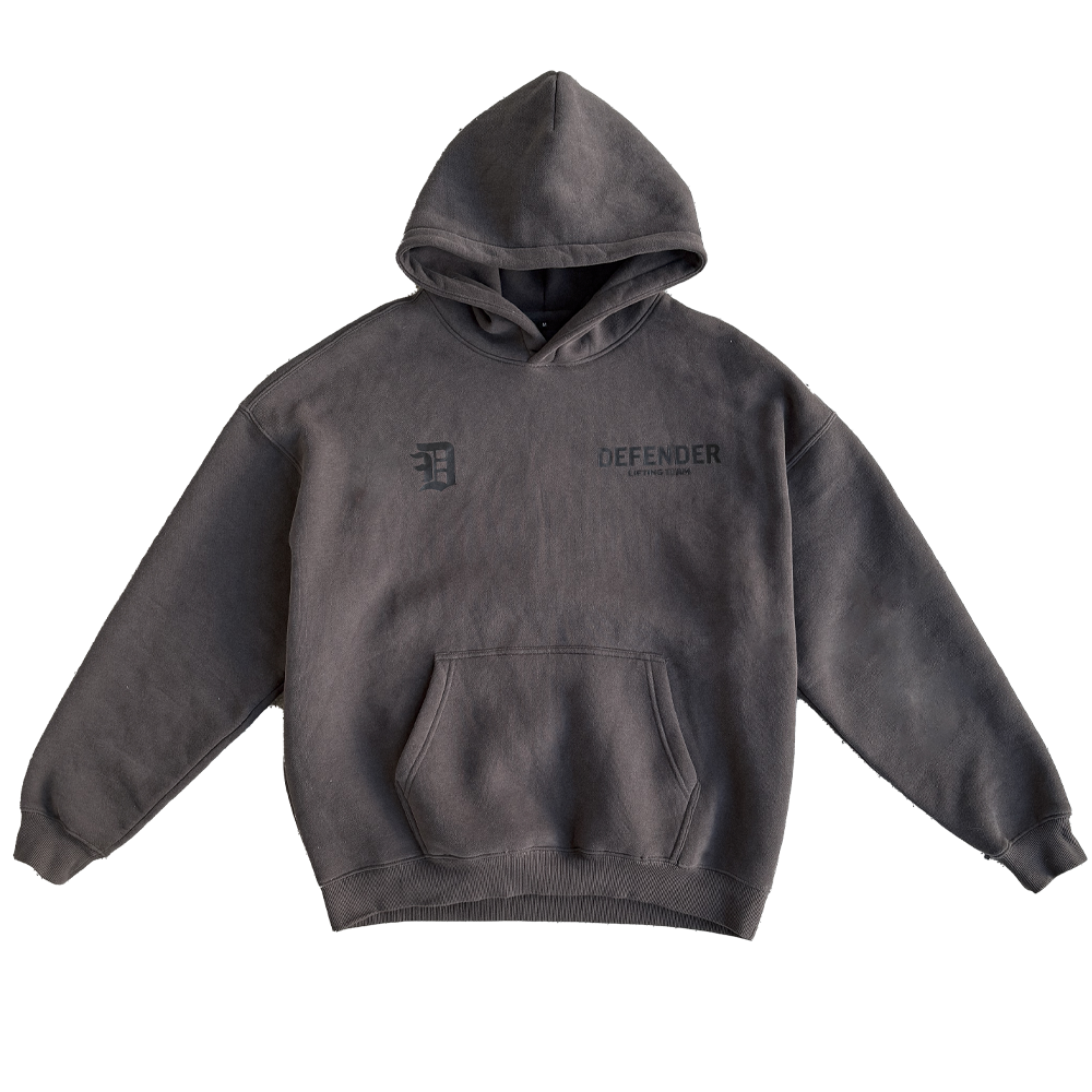 Gray hoodie with 'Defender' branding on a white background